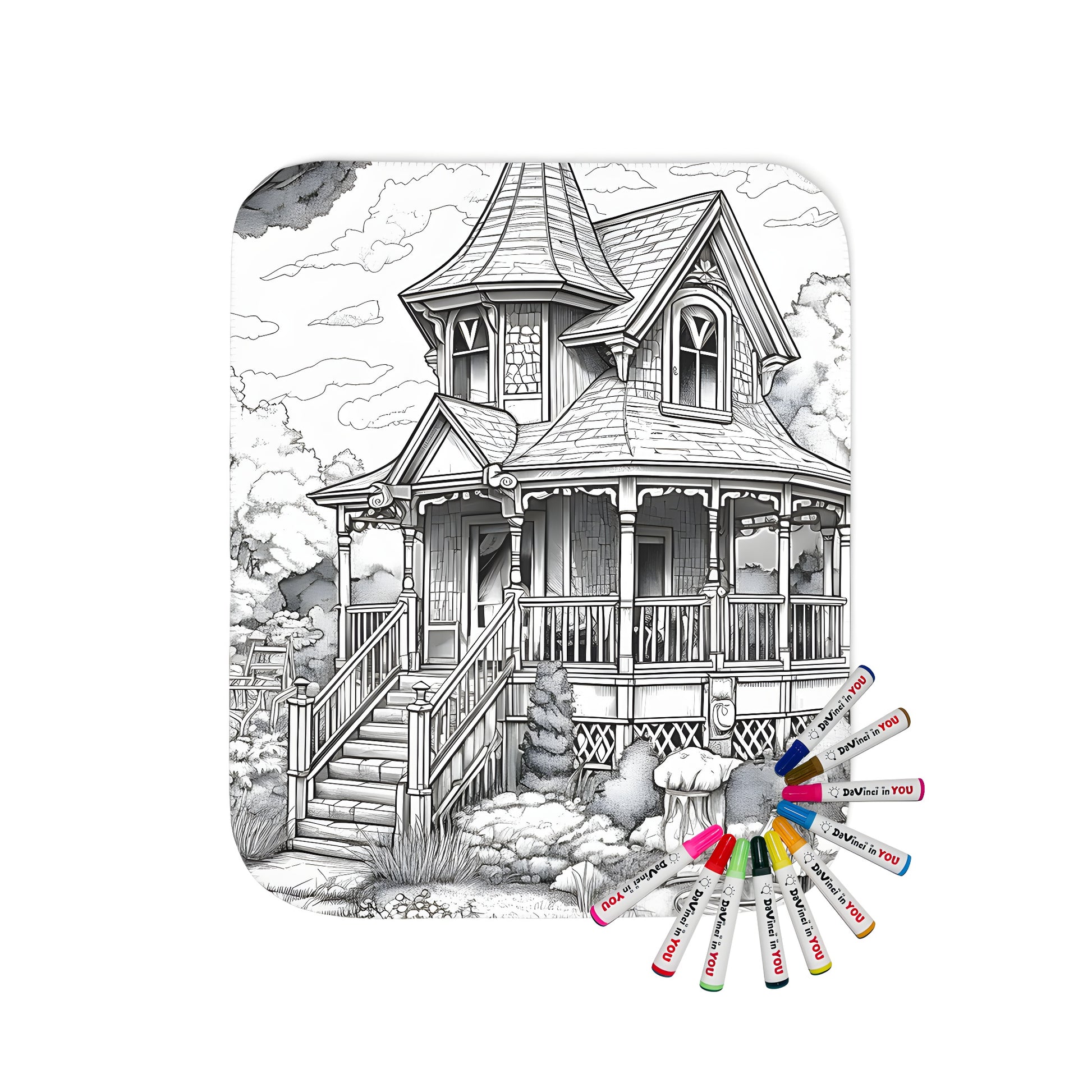 A detailed victorian era house design on a soft and cozy blanket