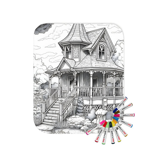 A detailed victorian era house design on a soft and cozy blanket