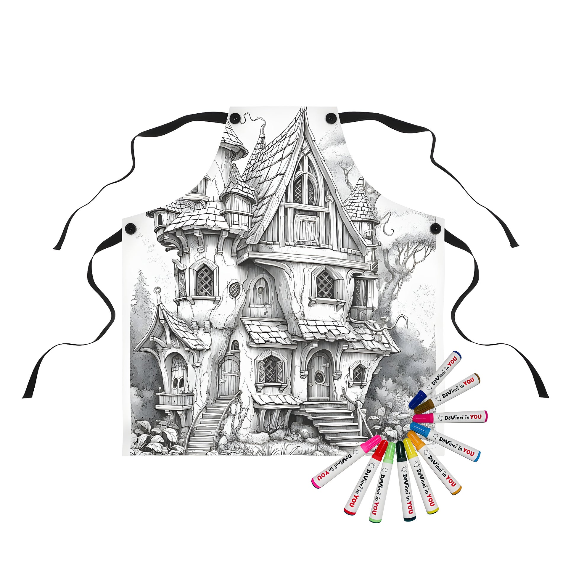 Fantasy cottage apron with whimsical details and colorful turrets, perfect for fantasy fans