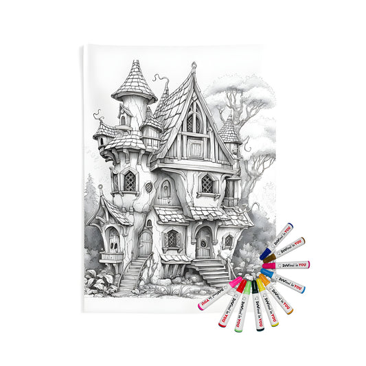 Detailed fantasy cottage wall hanging with intricate turrets and gables, featuring a whimsical fairy tale atmosphere, part of an indoor coloring kit for adults