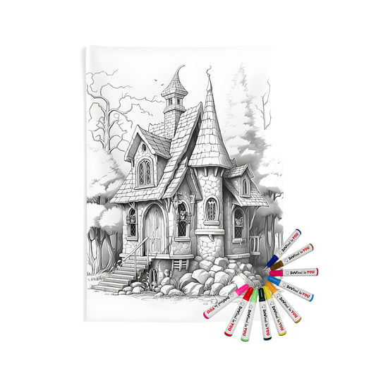 Whimsical stone cottage home decor wall tapestry with colorful fabric markers for adults and kids