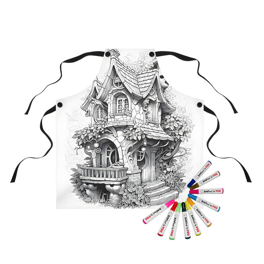 Intricate fairytale cottage apron with colorful markers