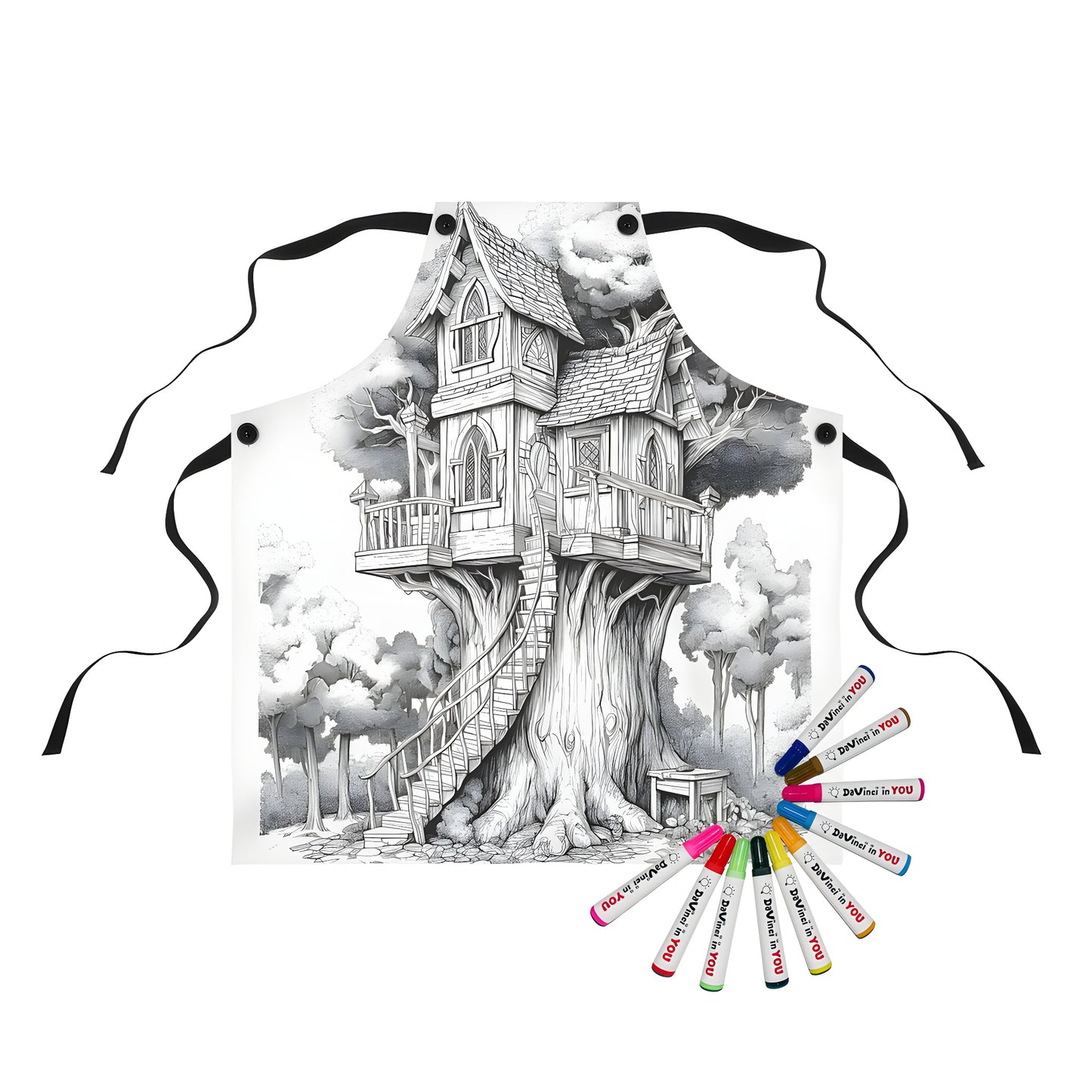 Fairy tale treehouse apron with colorful details and fabric markers