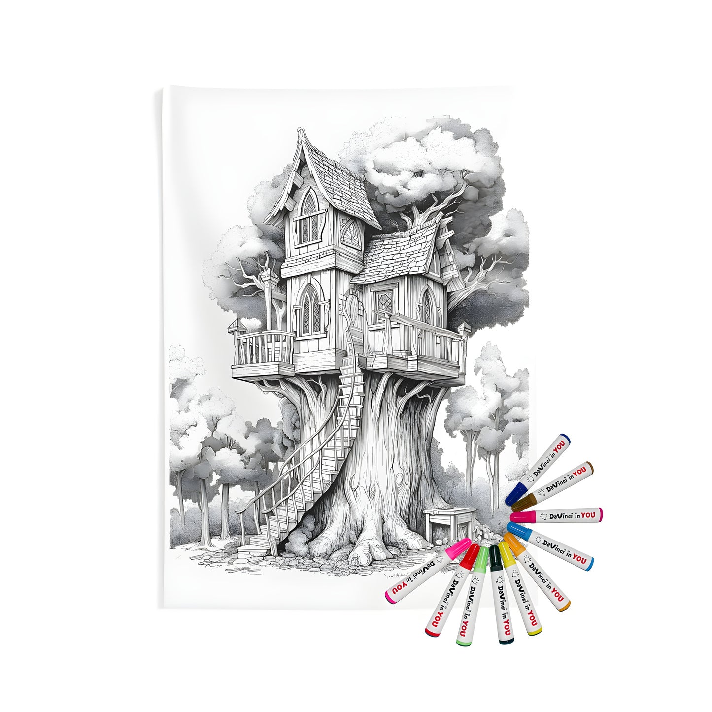 Enchanting treehouse wall tapestry with intricate details, spiral stairs and lush green surroundings. Perfect for a cozy bedroom or nursery decor.