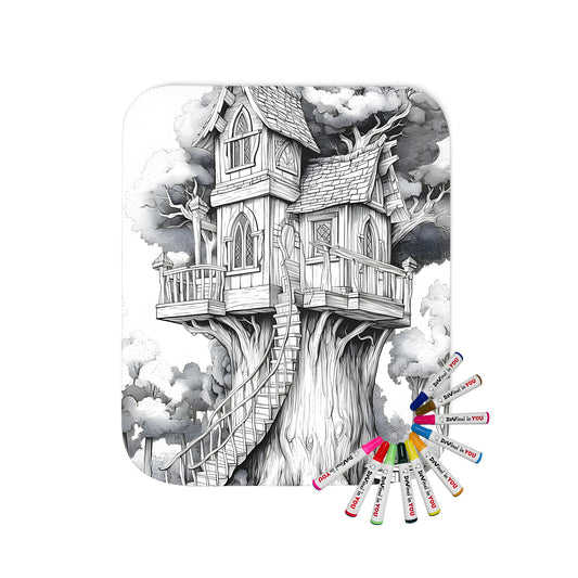 A whimsical blanket featuring an enchanting fairy tale treehouse design