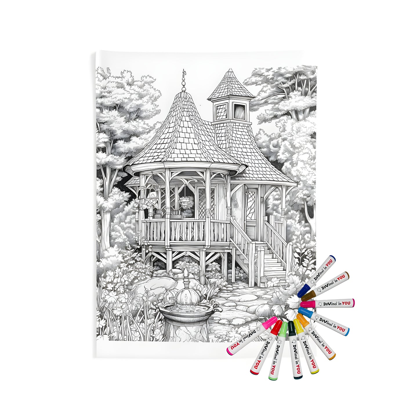 Detailed black and white drawing of an old wooden house with steps, surrounded by trees and foliage, and a fountain in the foreground. This Indoor Wall Tapestries features a rustic charm reminiscent of countryside bungalows, cozy cabins, or serene villas.