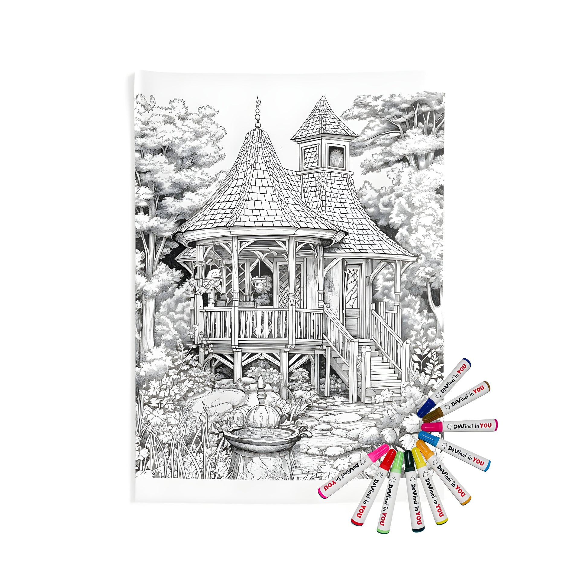 Detailed black and white drawing of an old wooden house with steps, surrounded by trees and foliage, and a fountain in the foreground. This Indoor Wall Tapestries features a rustic charm reminiscent of countryside bungalows, cozy cabins, or serene villas.