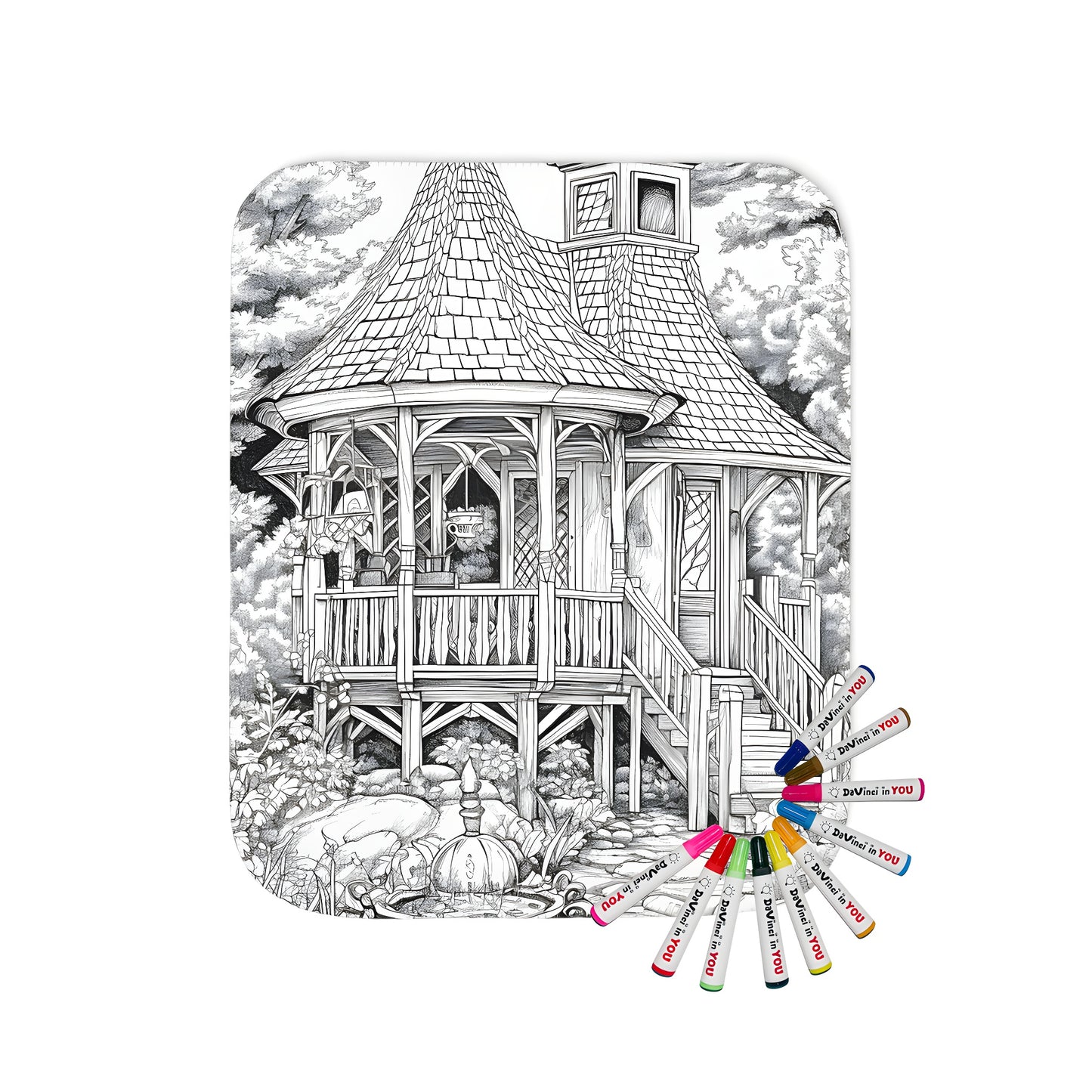 Cozy blanket featuring a detailed wooden cottage scene with steps, trees, foliage, and a fountain, perfect for adult coloring book enthusiasts