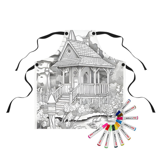 Apron with whimsical cottage scene design, featuring intricate line drawing of quaint home surrounded by garden and pond with lily pads