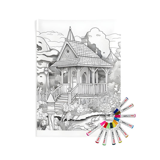 Quaint home village wall hanging with intricate line drawing of cottage, garden and pond with lily pads, perfect for indoor decor