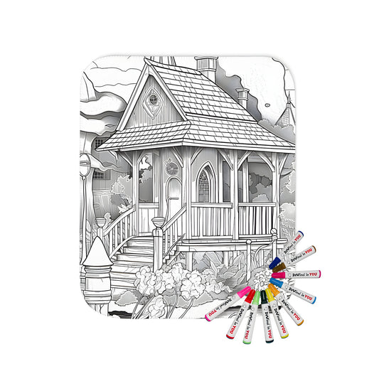 Coloring blanket with intricate line drawing of charming village house, serene garden, and peaceful pond scene