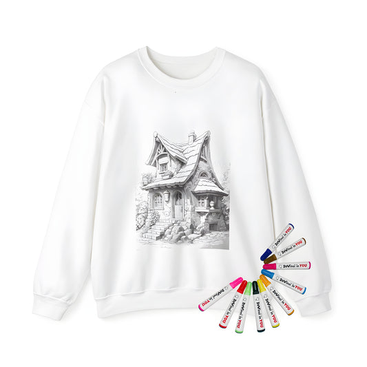 Adult sweatshirt featuring a whimsical illustration of a stone cottage with curved roof and garden details