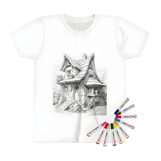 Whimsical castle coloring page design on kid's t-shirt