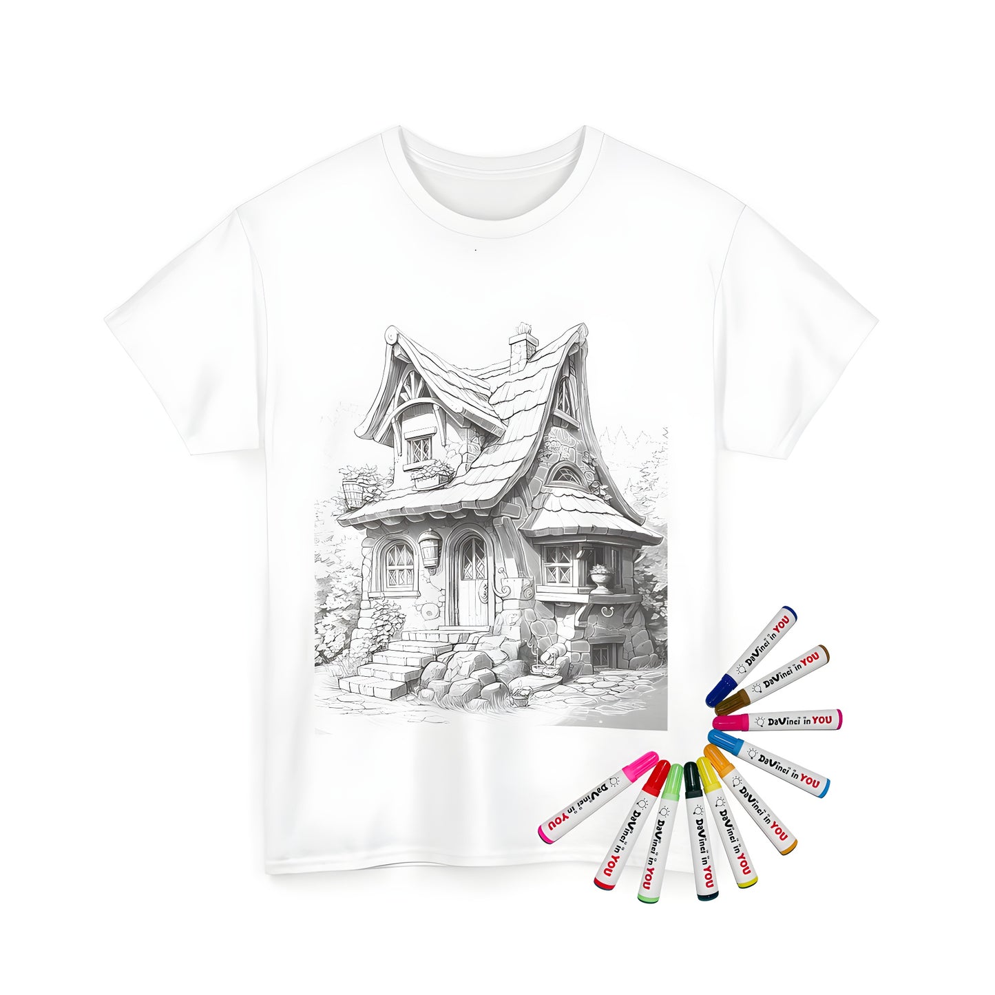 Whimsical fairytale stone cottage t-shirt coloring kit with vibrant fabric markers