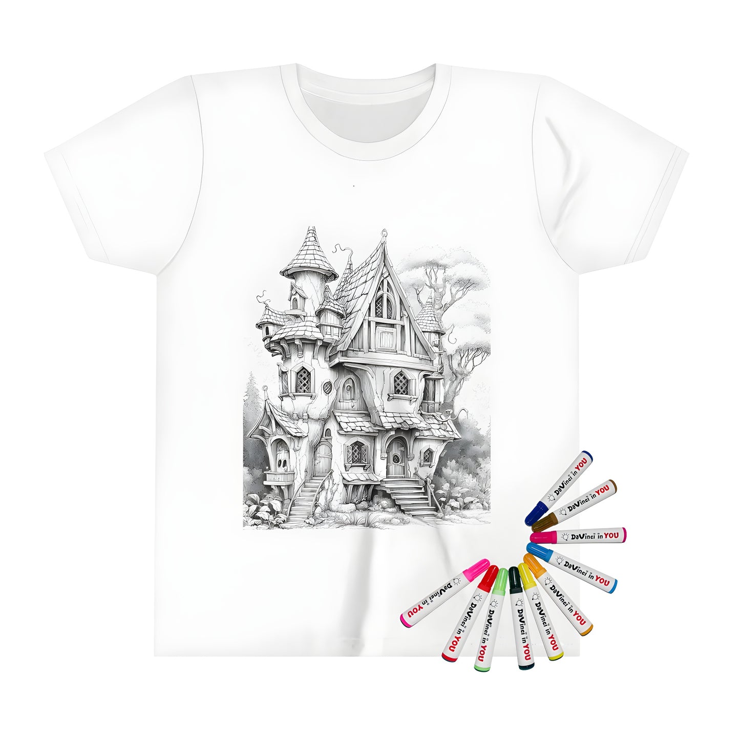 Kid's t-shirt featuring a detailed drawing of a whimsical fantasy cottage, complete with multiple towers and ornate features, set amidst a serene forest backdrop.