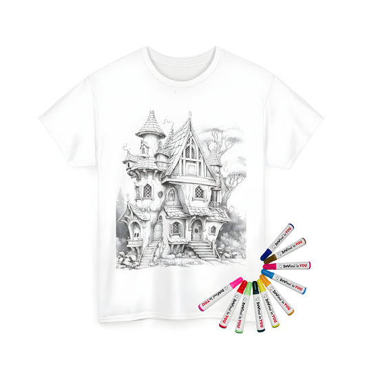 Unisex t-shirt with fantasy castle, cottage, and village coloring page design