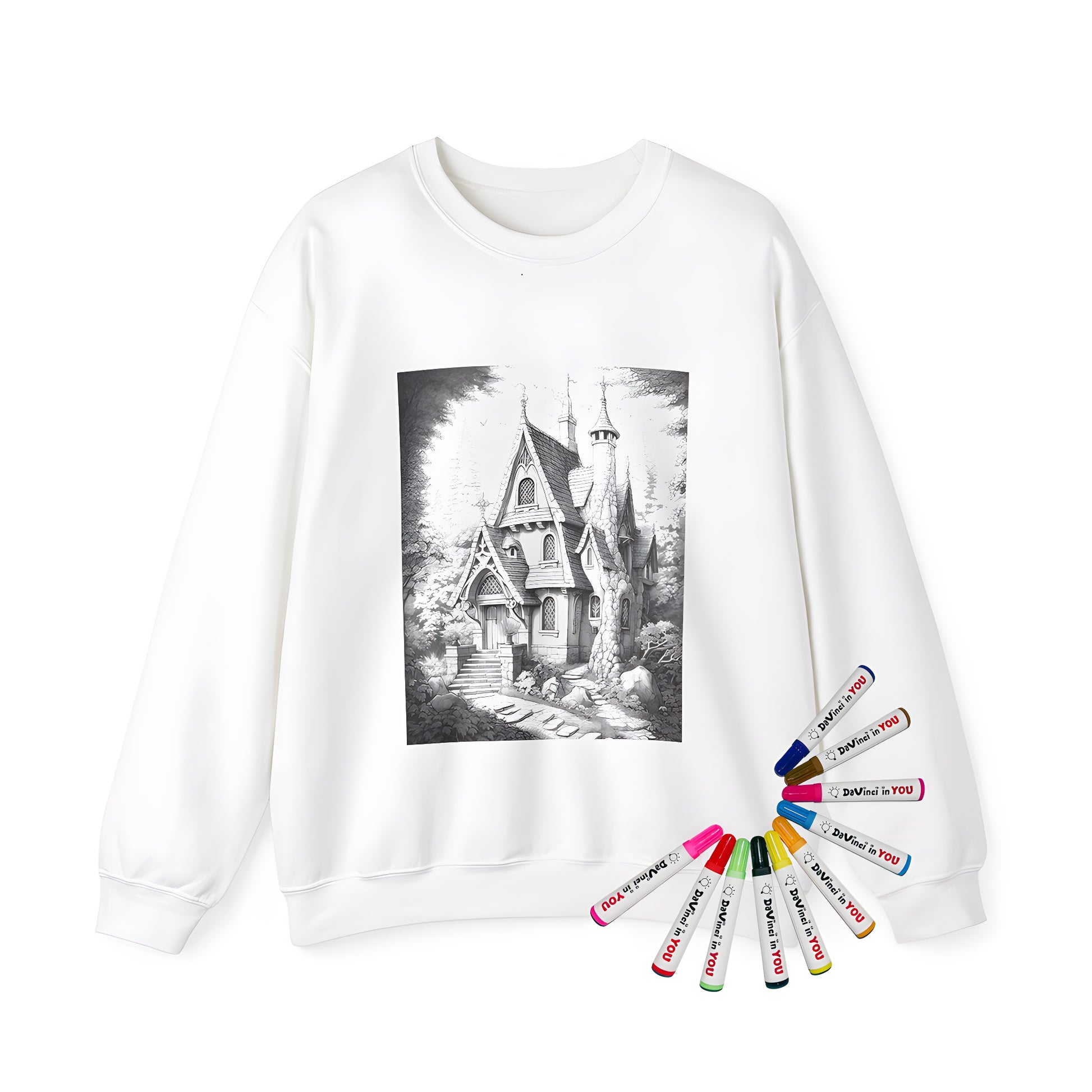 Adult sweatshirt with whimsical fairy tale house design, featuring a detailed black and white drawing of a magical castle in a forest