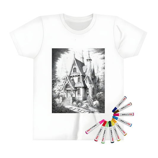 Coloring kit for kids' t-shirts featuring a whimsical fairy tale house scene