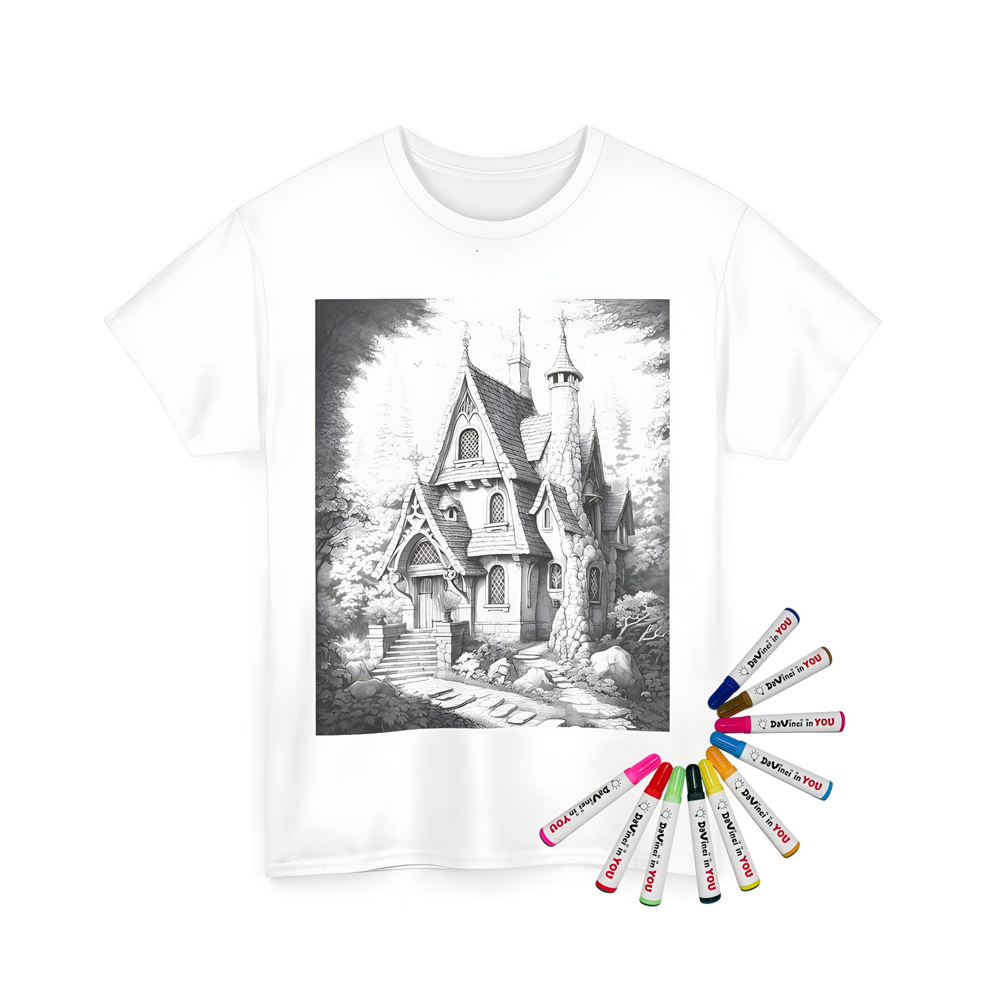 Unisex t-shirt with whimsical fairy tale house illustration