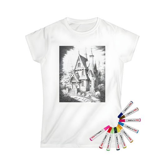 A whimsical illustration of a fairy tale house on a women's t-shirt, featuring a detailed black and white drawing of a stone path leading to the house in a forest setting. Includes 10 vibrant fabric markers for a fun coloring experience.