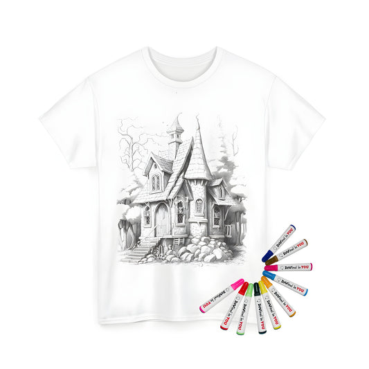 Unisex t-shirt featuring whimsical fairy tale cottage design on front, surrounded by vibrant forest setting