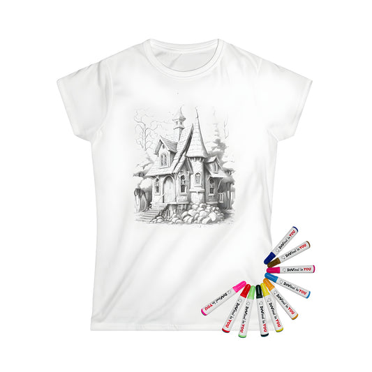 Coloring page inspired women's t-shirt featuring a whimsical stone cottage design, surrounded by nature and magic. Perfect for fans of fairytale castles, mythical homes, fantasy architecture.