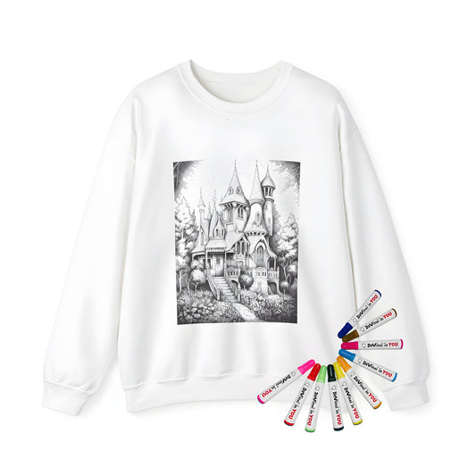 Adult sweatshirt with whimsical fairy tale castle illustration and lush forest design