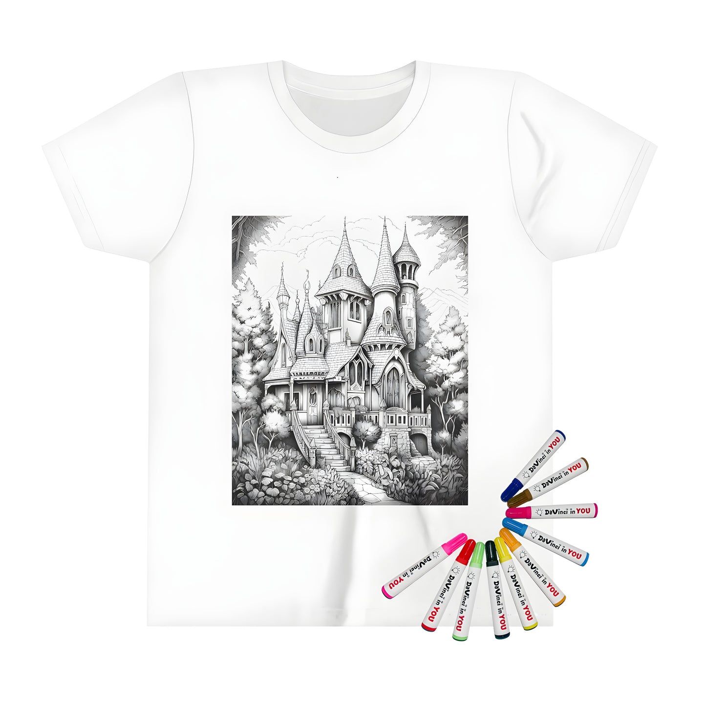 A colorful kid's t-shirt with a whimsical fairy tale castle and forest illustration