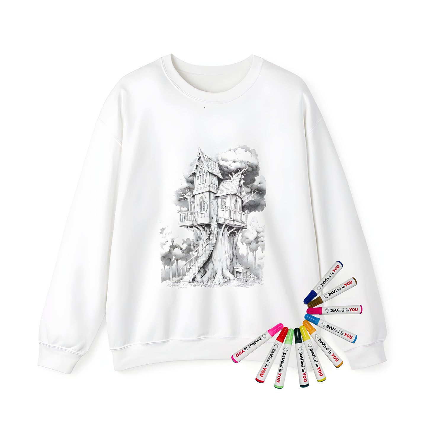 Adult sweatshirt featuring a whimsical fairy tale treehouse design with spiral stairs and lush trees for coloring