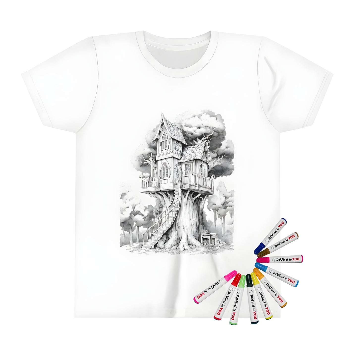 A detailed kid's t-shirt featuring an enchanting fairy tale treehouse scene with spiral stairs surrounded by lush green trees. Perfect for kids who love coloring and adventure.