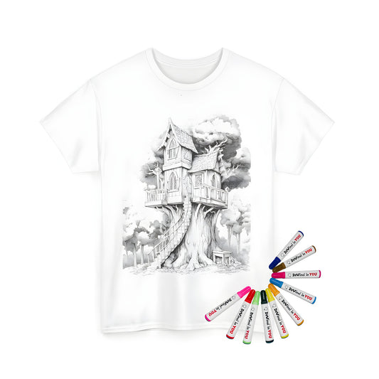 Coloring kit and unisex t-shirt featuring a whimsical fairy treehouse design with spiral stairs amidst lush green trees