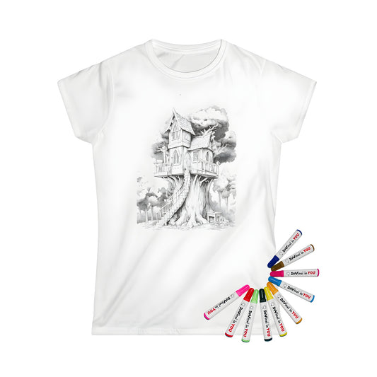 Women's t-shirt featuring whimsical fairy tree house illustration