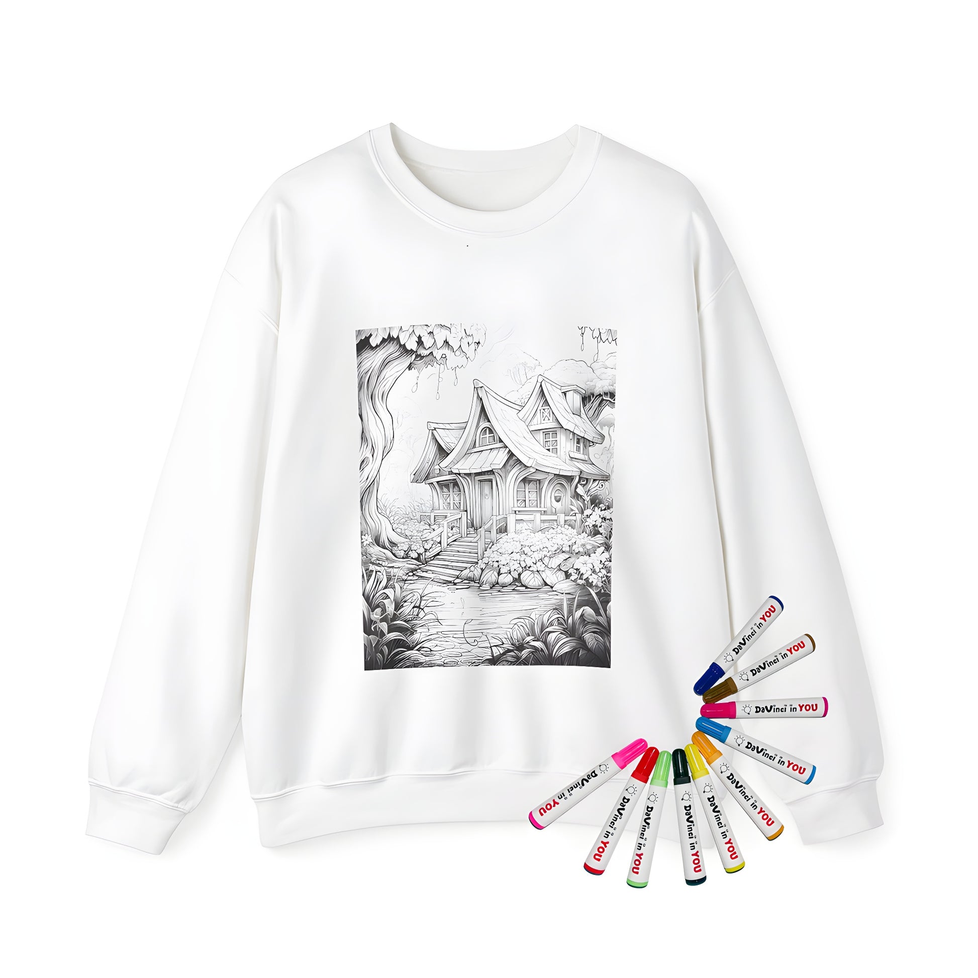 Adult sweatshirt featuring a colorful magical cottage design with intricate details of trees, flowers, and a small stream. Perfect for fans of whimsical fairy tale scenes.