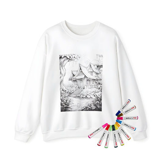 Adult sweatshirt featuring a colorful magical cottage design with intricate details of trees, flowers, and a small stream. Perfect for fans of whimsical fairy tale scenes.