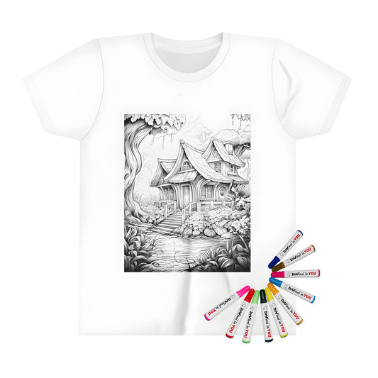 Child's colorful t-shirt featuring an enchanting wooden cottage illustration with lush greenery