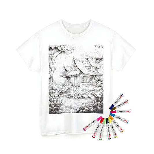 Enchanted cottage coloring page design on a unisex t-shirt