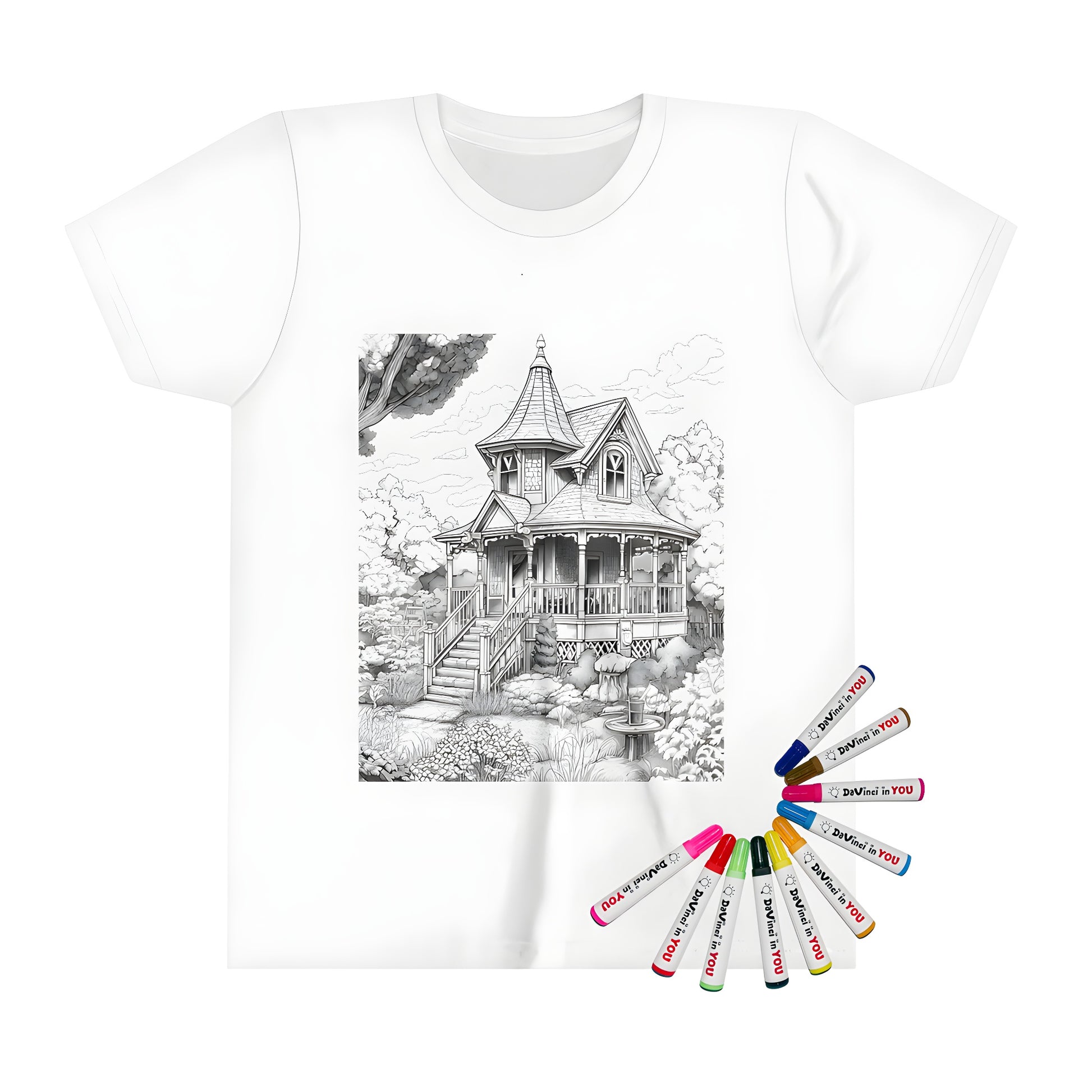 A kid's t-shirt featuring a colorful detailed design of a vintage-style mansion with a charming porch and garden