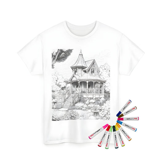 A detailed illustration of a beautiful Victorian house on a unisex t-shirt. The image features a colorful and intricate design of a Victorian-era home with a porch, surrounded by lush gardens, tall trees, and a small birdbath.