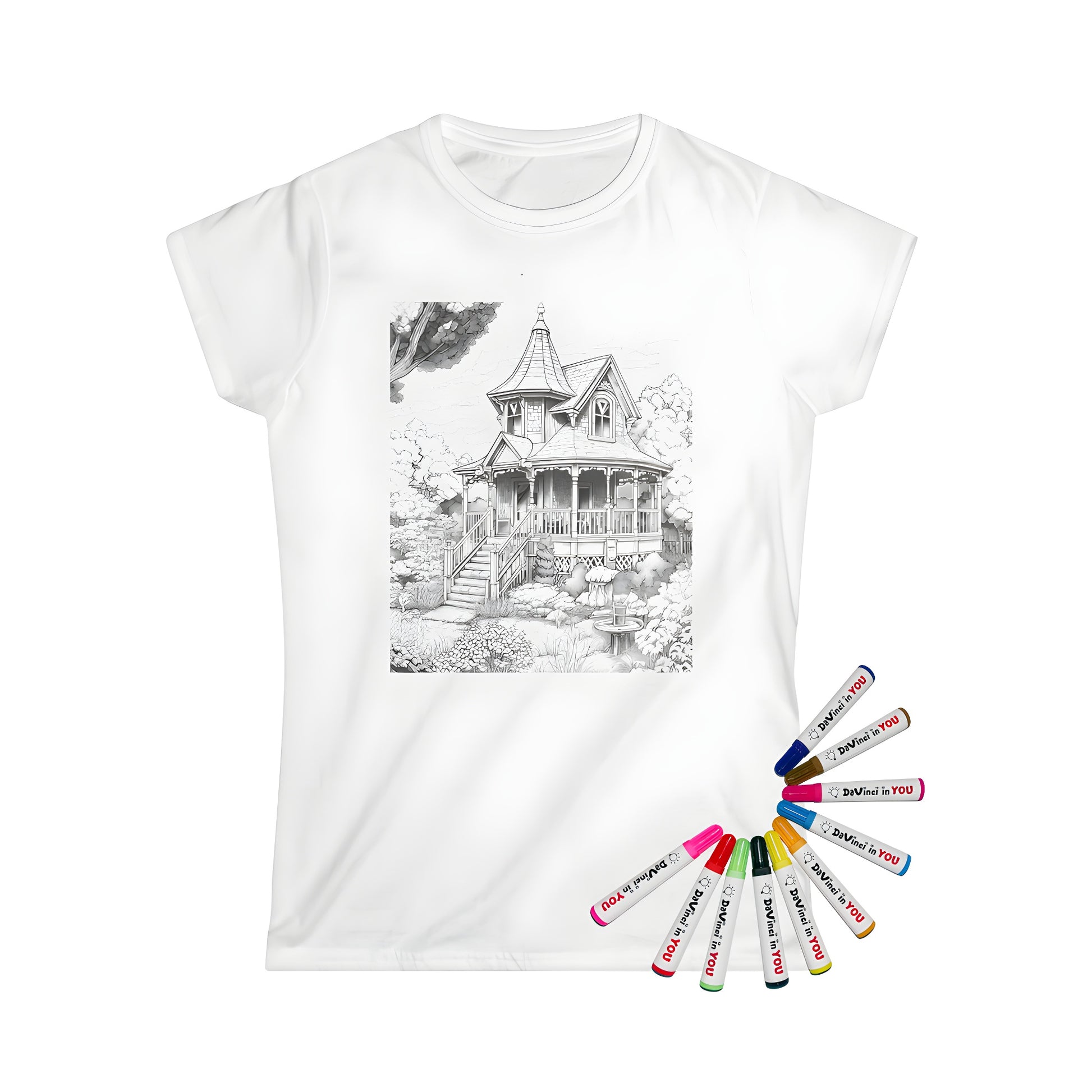 Women's T-shirt featuring an original coloring page inspired design of a detailed vintage Victorian house with porch and garden