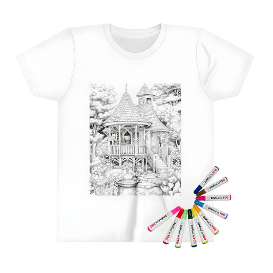 Colorful wooden cottage design t-shirt for kids, featuring a detailed drawing of a cozy home surrounded by nature