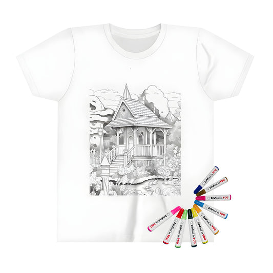 Quaint Cottage, Garden, Pond, and Lily Pad Design on a Colorful Kid's T-Shirt