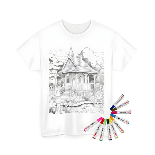 Relaxing coloring page design of quaint cottage style house surrounded by garden and pond with lily pads printed on high-quality Unisex T-shirt