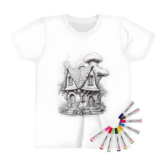 Whimsical kid's t-shirt featuring a detailed fairy cottage design with mushroom roof and intricate details.