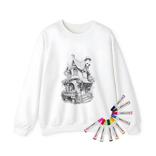 Adult sweatshirt with intricate black-and-white drawing of enchanted cottage enveloped by greenery and foliage