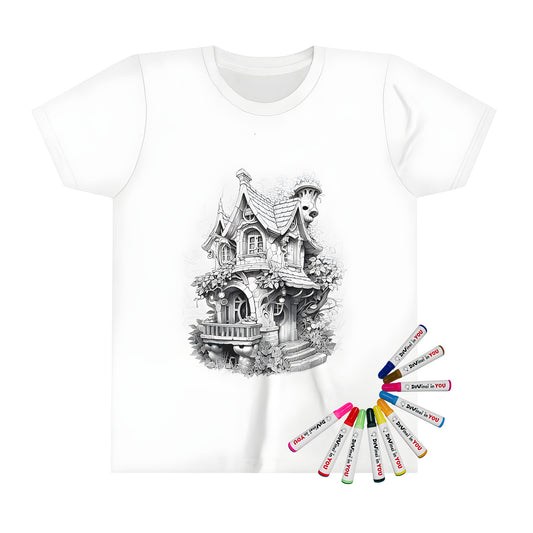 Kid's T-shirt featuring an intricate black-and-white drawing of a whimsical fairy tale cottage surrounded by lush foliage and ivy details