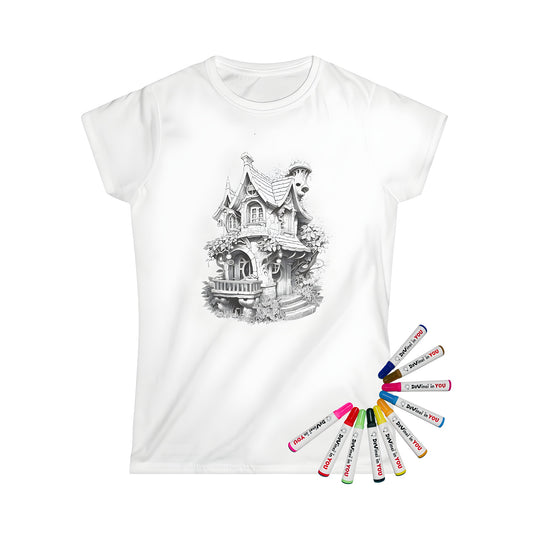 Intricate fantasy cottage illustration on women's t-shirt, surrounded by ivy and lush foliage, 10 vibrant fabric markers included for creative coloring and personalization