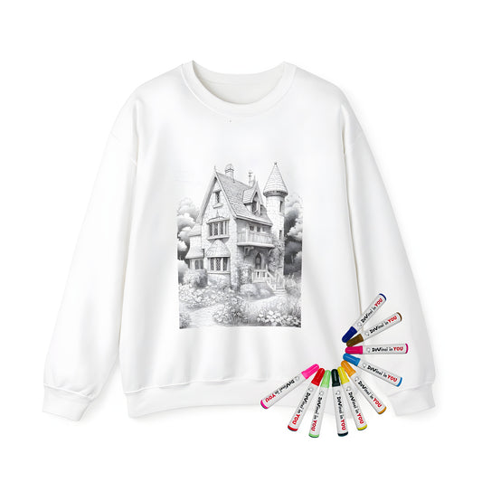 Adult sweatshirt featuring a charming stone cottage with a tower design, surrounded by lush greenery