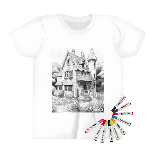 Kid's t-shirt with a charming stone cottage design, featuring a tower, garden, and trees - perfect for kids who love to draw