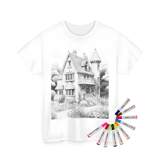 Unisex t-shirt with a charming stone cottage design, featuring a tower surrounded by lush garden and trees, perfect for adult coloring book fans.