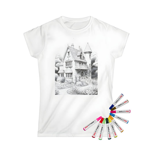 Women's T-shirt coloring kit featuring a charming stone cottage illustration on a comfortable, soft fabric